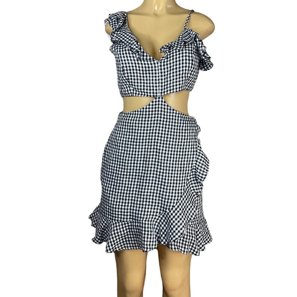 Bardot Jamie Cut Out Linen Dress Sleeveless Black White Gingham Size 6 Small